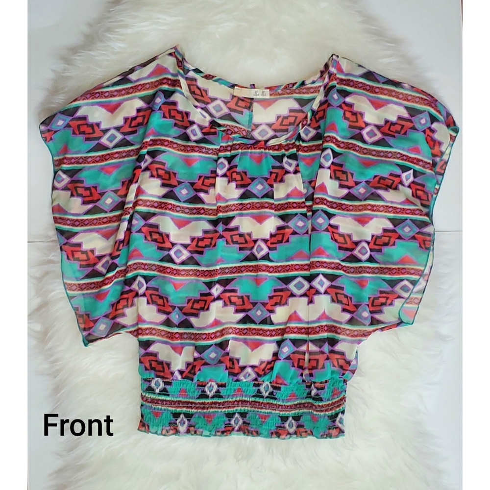 ILLA ILLA Aztec print sheer short sleeve top